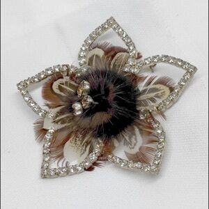 Large Rhinestone and Mink Brooch Pin 3” Feathers Vintage 1950s
